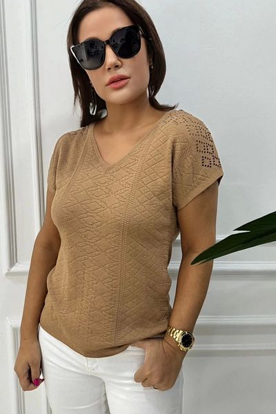 Bİ.GİYSEN Дамска кафява блуза с V-образно деколте, ажурна, от студена прежда, мерсеризирана ликра