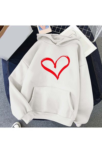 aynewmoda Heart Printed Hooded Sweatshirt Hoodie for Valentine's Day