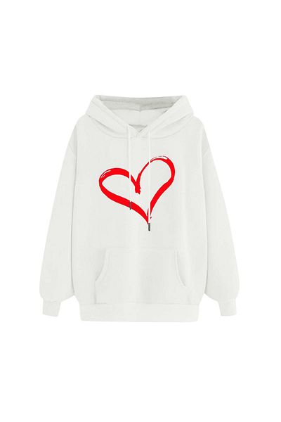 aynewmoda Heart Printed Hooded Sweatshirt Hoodie for Valentine's Day