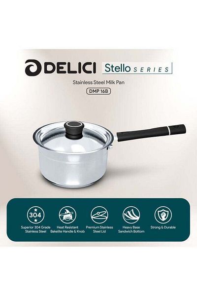 DELICI Stainless Steel Milk Pan 16 cm , Heavy Base Sandwich Bottom, 304 Grade DMP16B