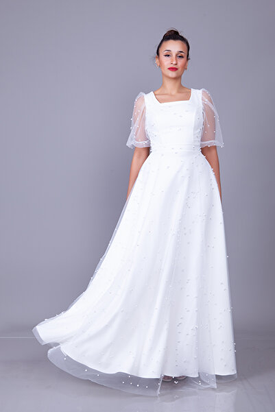 NO48 İnci Tül Kaplamalı Kare Yaka Kısa Balon Kol Maxi Boy Abiye Elbise