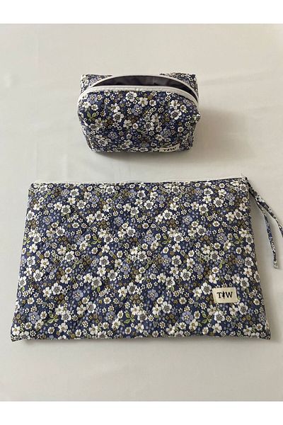 thick weave Navy Blue Crispy Floral Patterned Laptop & Makeup Bag