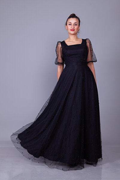 NO48 İnci Tül Kaplamalı Kare Yaka Kısa Balon Kol Maxi Boy Abiye Elbise