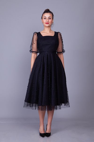 NO48 Pearl Tulle Covered Square Neck Short Balloon Sleeve Midi Length Evening Dress