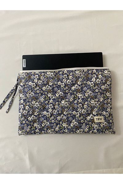 thick weave Navy Blue Crispy Flower Pattern Laptop-Tablet Bag 13-14 Inch