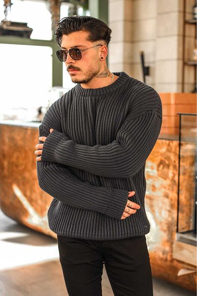elkumoda Πουλόβερ με φαρδιά πλεκτά χωρίς χνούδι, κομψό, άνετο και χαλαρό μοντέλο πουλόβερ με λαιμόκοψη