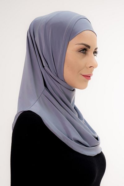 Şalcenneti.com Bonneted Pleated Ready-Made Practical Shawl Gray Double Set