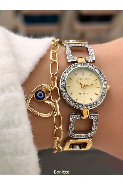 Almera 25mm Case - Gold-Silver Vintage Steel Chain Women's Wristwatch and Bracelet Set