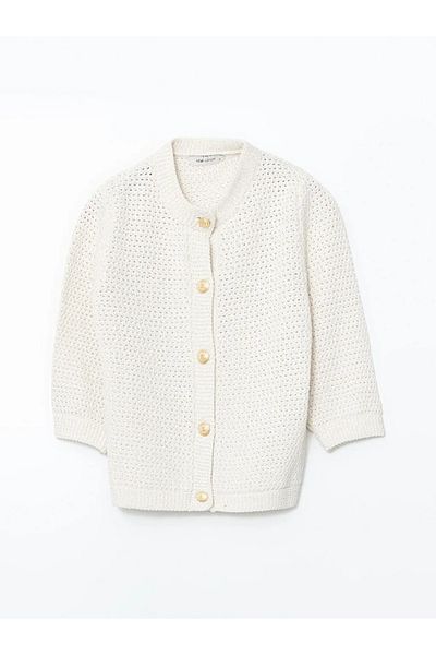 LC Waikiki Lcw Vision Ecru Crew Neck Openwork Women's Knitwear Cardigan