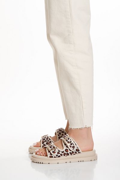Lideral Beige Leopard Print Orthopedic Women's Slippers - Double Buckle, Comfortable Puff, Anatomical Design