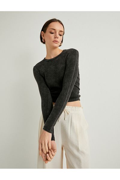 Koton Long Sleeve T-Shirt Crew Neck Ribbed Pale Effect Cotton