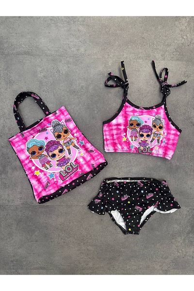 miniko Lol Print Quick Dry Ruffle 3 Piece Swimsuit and Bag Set - Girls and Baby