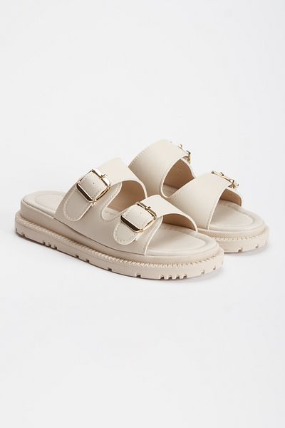 Lideral Beige Colored Orthopedic Women's Slippers - Double Buckle, Comfortable Puff, Anatomical Design
