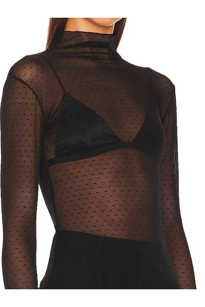 Moda Mistik Bluză neagră, sexy, transparentă, cu buline din tul, cu gât rotic, cu mânecă lungă, cu închidere la degete