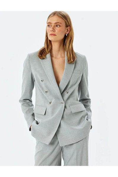 Koton Double Breasted Gray Women's Blazer Jacket with Flap Pocket Detail 5Sak50026Uw