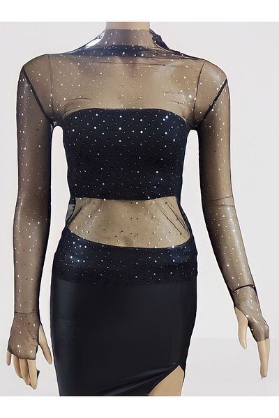 Moda Mistik Μαύρη σέξι διαφανής πουά μπλούζα από τούλι με μακρυμάνικο ζιβάγκο