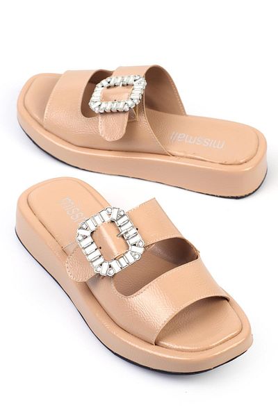 ShoeTek Linca Nude Leather Women's Slippers - Banded and Buckle