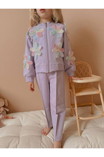 ARBİ kids Girl's Purple Flower Embossed Cardigan Suit Eid, Buy One Size Larger