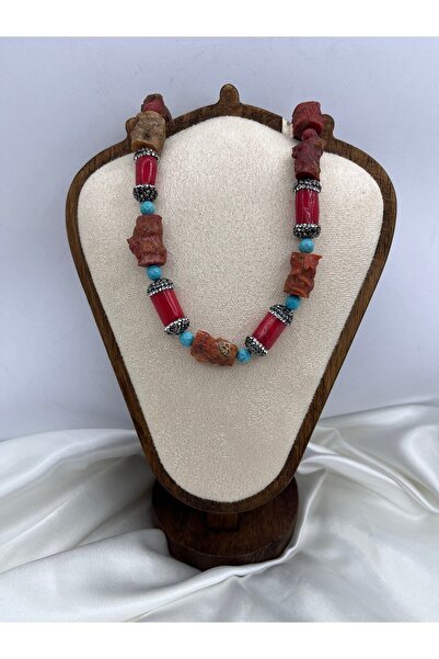 Yıldız Accessory Natural Stone Look Zircon Stone Handmade Wooden Bead Necklace