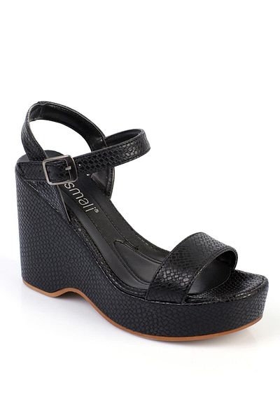 ShoeTek Brenna Black Leather Women's Sandals - Wedge Sole and Tape Detail