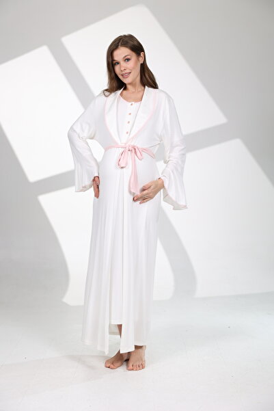 Rimel Homewear Pamuklu Kemer Detaylı Sabahlıklı Lohusa Gecelik Takımı