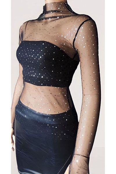 Moda Mistik Μαύρη σέξι διαφανής πουά μπλούζα από τούλι με μακρυμάνικο ζιβάγκο