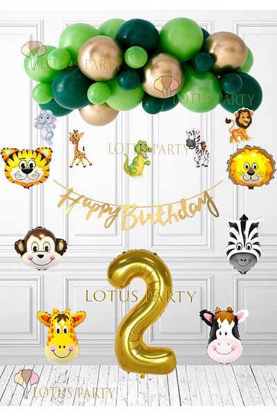 LOTUS PARTY Safari Γενέθλια Έννοια - 6 Τεμάχια Σαφάρι Μπαλόνια - 5 Τεμάχια Σαφάρι Μπανέρ - Χρυσό Χαρούμενος - 2 Ετών