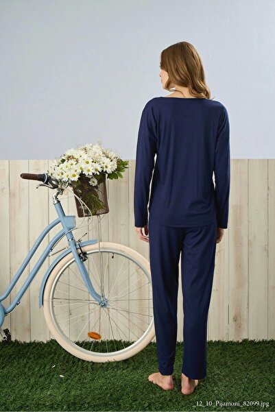 Pijamoni Dublin Fabric Long Sleeve Navy Blue Pajama Set - 5315