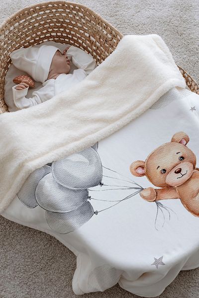 Tuğba Kuğu Plush Double Face Blanket (80X90) - Iconic - Bear Holding Balloons