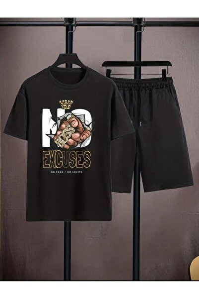 caddekombin طقم تي شيرت قصير ومطبوع باللون الأسود - ساق فضفاضة