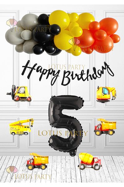 LOTUS PARTY Construction Concept Birthday Set - Business Machinery Foil Balloon - Orange Black Yellow Gray Balloon Age 5