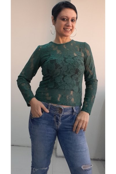Mertcan Butik Tricou verde din dantelă cu mânecă lungă