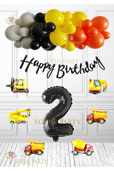 LOTUS PARTY Construction Concept Birthday Set - Business Machinery Foil Balloon - Orange Black Yellow Gray Balloon Age 2
