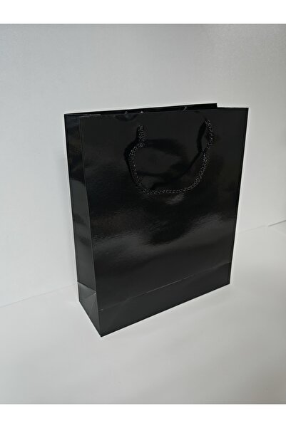 arminow PARLAK SİYAH RENK İPLİ KARTON ÇANTA - 25x30x9 CM - 3 ADET - Ç075
