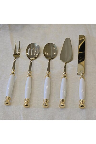 AlyaHomeAksesuar Porselen 5 Parça Servis Kaşık Seti Altın