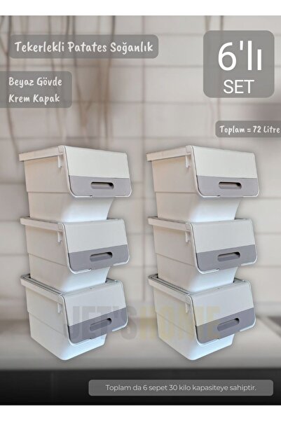 Jet's Home 6'lı Krem Beyaz Tekerlekli Sebzelik Patates Soğan Sepeti Organizer...