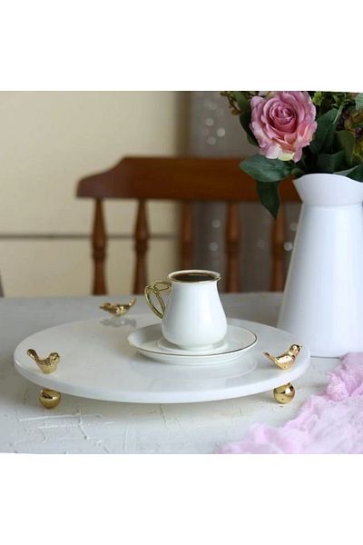 Akayev 30 Cm White Marble Gold Foot Bird Round Presentation Plate