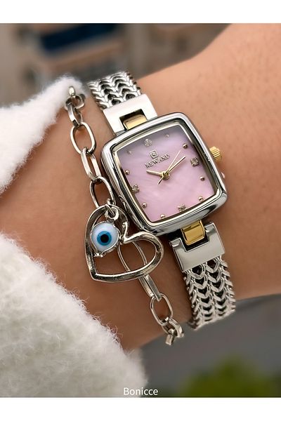 Reward 22*20mm Case - Women's Wristwatch with Silver Steel Band, Pink Dial and Bracelet Gift Valentine's Day