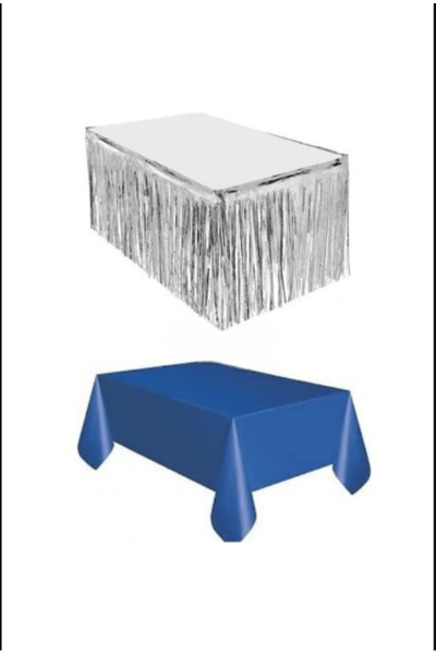 PartAntalya تنورة طاولة فضية معدنية ومفرش طاولة باللون الأزرق الداكن