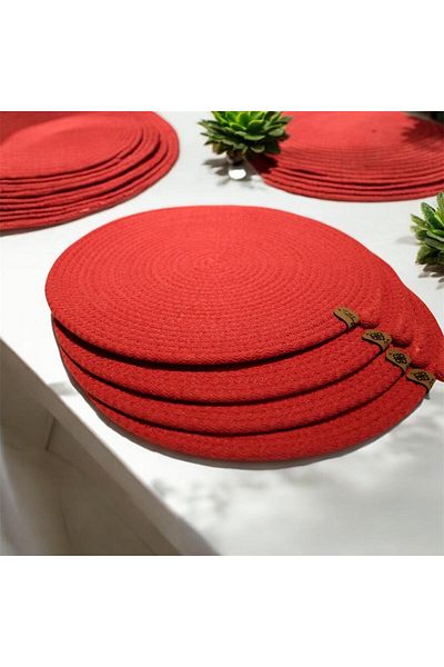 Yonca Hobi Evi 4 Pieces Red Jute Plate / American Service Luxury Presentation Plate Mat