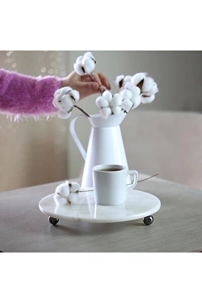 Akayev Mermer 25 Cm Füme Boncuk Ayaklı Beyaz Yuvarlak Sunumluk
