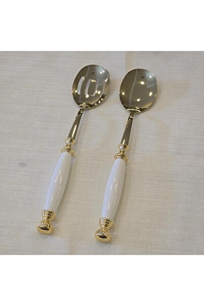AlyaHomeAksesuar Gold Porcelain Salad Serving Spoon Set