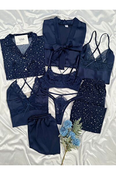 Lena Homewears Lacivert Penta  Kutulu 8 Parça Dev Pijama Saten Gecelik Sabahlık Iç Giyim Çeyiz Seti