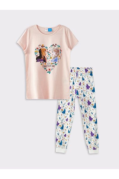LC Waikiki Lcw Kids Pink Crew Neck Printed Short Sleeve Girls Pajamas Set