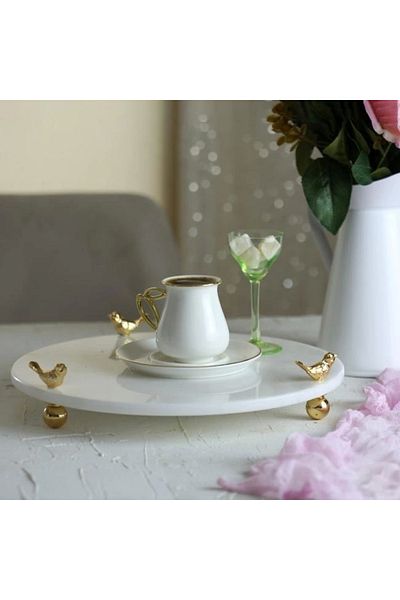 Akayev 30 Cm White Marble Gold Foot Bird Round Presentation Plate