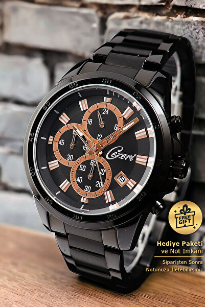 Cezeri ساعة يد رجالية من النحاس الأسود مع وظيفة وتقويم وساعة توقيت