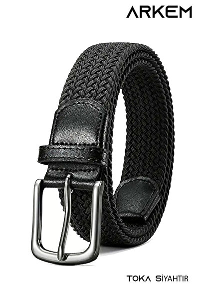 Arkem Elastik Örgü Kemer, Siyah Kemer, Erkek Spor, Kot, Şort Erkek Kemer 3,5 Cm