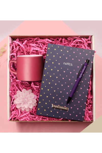 gagga Kişiye Özel Kalp Desenli Defter & Kalem & Kupa & Mum Hediye Seti
