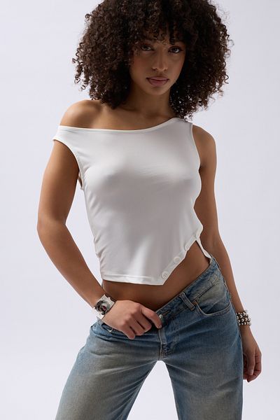 Black Fashion Boat Neck Slit Detail White Blouse