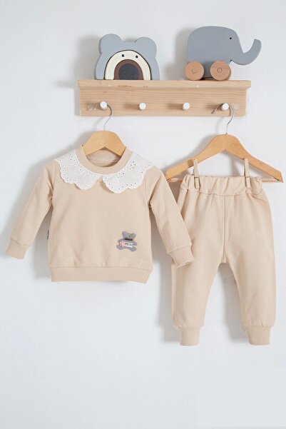 Generic Brand 3-18 Months Baby Girl Set with Lace Collar 2-Piece Cream